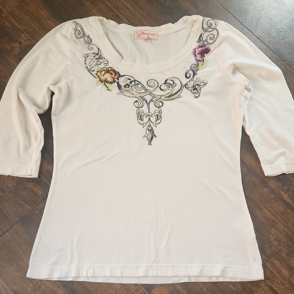 Johnny was floral embroidered YELLOWFIELD tee M White 3/4 sleeve tunic t-shirt